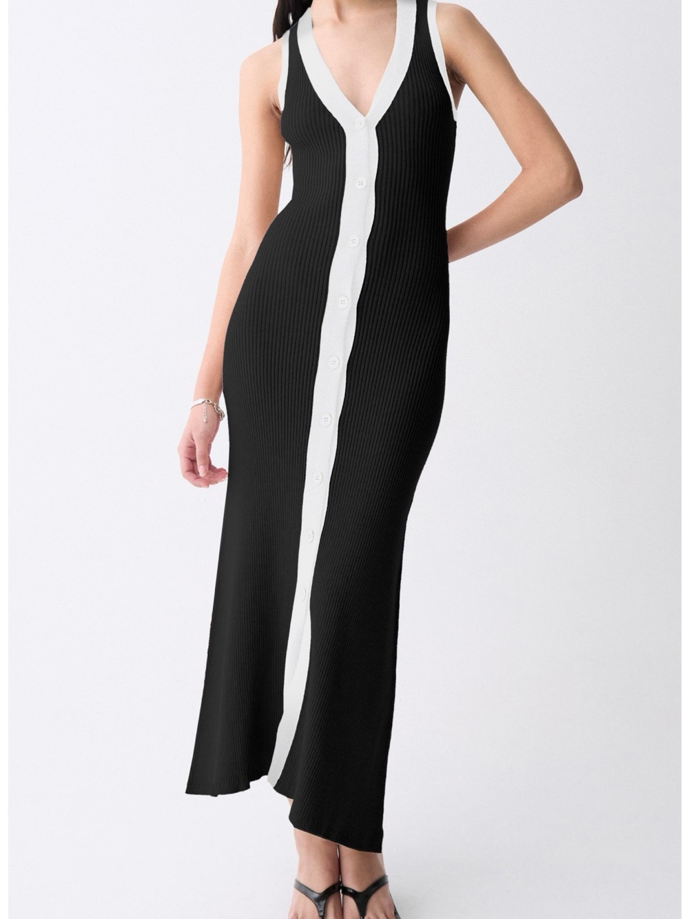 Nordstrom Ribbed Black Maxi Dress with White Button-Front Trim